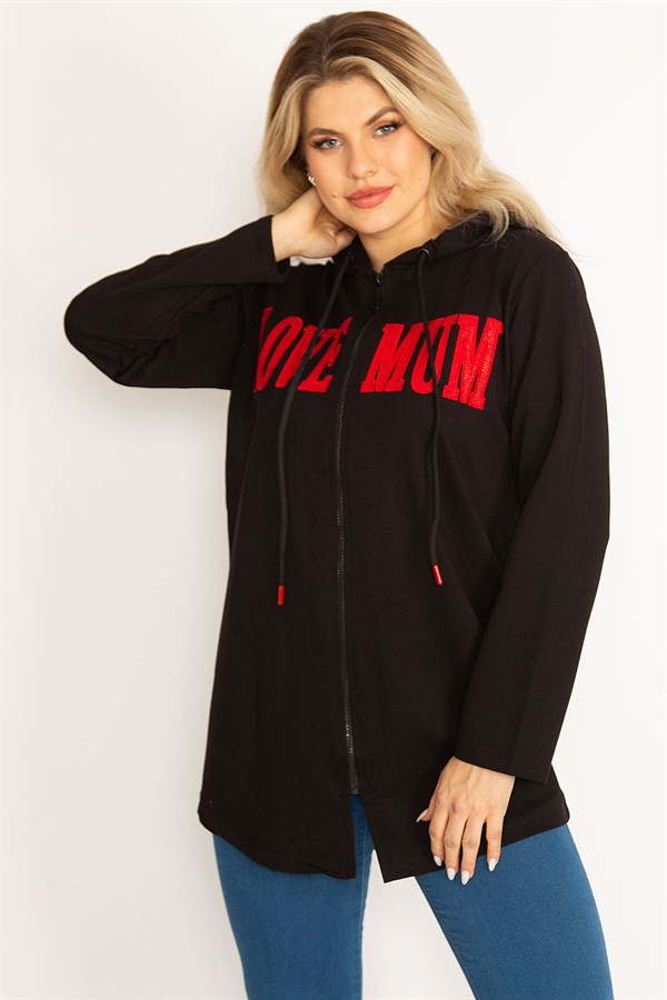 Kadın Siyah Kapşonlu Ön Fermuar Ve Baskı Detaylı Sweatshirt 65N34681