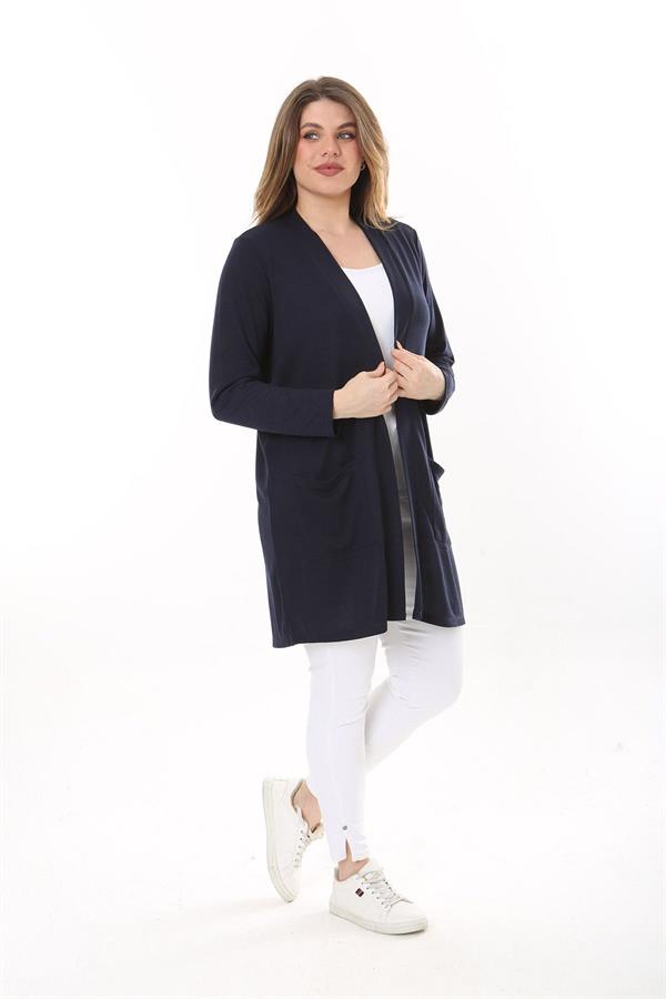 Kadın Büyük Beden Lacivert Ön Cepli Hırka 65N37600