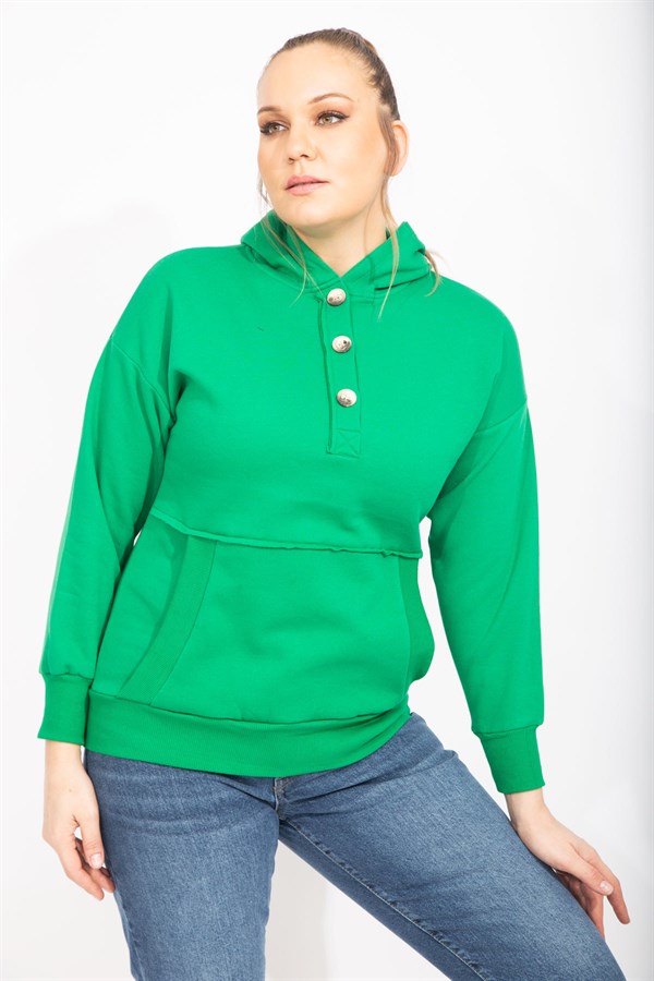 Kadın Siyah İçi Şardonlu 2 İplik Kumaş Ön Pat Düğmeli Kanguru Cep Ve Kapşonlu Sweatshirt 65N35462