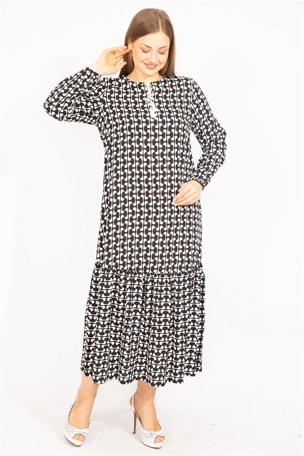 Kadın Siyah Dokuma Viskon Kumaş Etek Ucu Katlı Uzun Kollu Elbise 65N35513