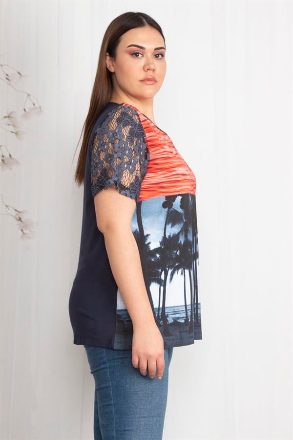 Kadın Lacivert Kolları Dantel Detaylı Desenli Bluz 65N22466