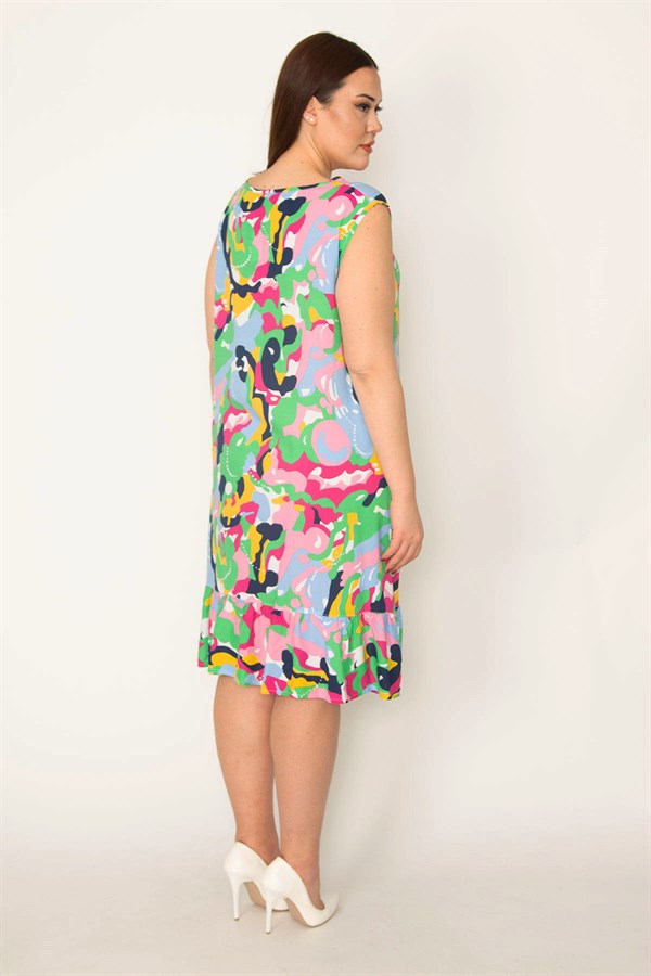 KADIN RENKLİ DOKUMA VİSKON KUMAŞ V YAKA ETEĞİ KATLI RENKLİ ELBİSE