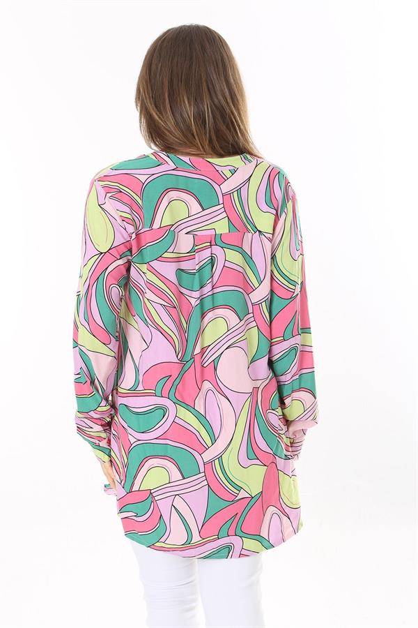 Kadın Büyük Beden Renkli Dokuma Viskon Kumaş Yan Yırtmaçlı V Yakalı Tunik 65N37789