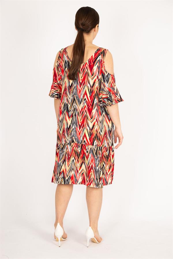 Kadın Fujya Büyük Beden Omuz Dekolteli Dokuma Viskon Kumaş Yan Cepli Elbise