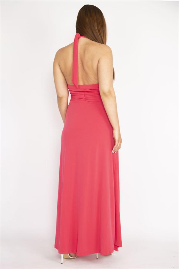 Kadın Fujya Büyük Beden Boyundan Bağlamalı Göğüs Büzgülü Uzun Elbise