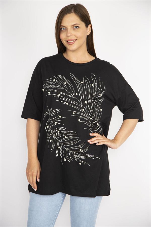 Kadın Büyük Beden Siyah Taş Ve İnci İşli Bisiklet Yakalı Yan Yırtmaçlı Bluz