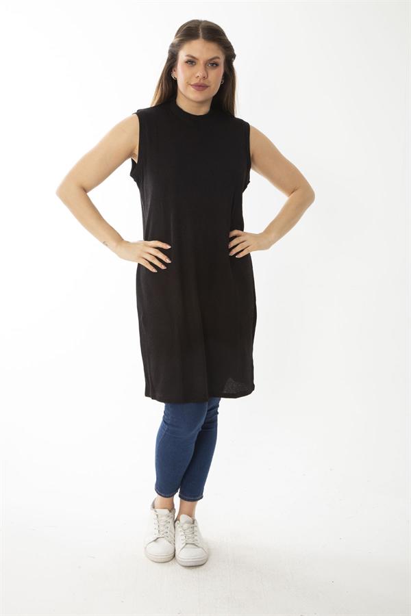 Kadın Büyük Beden Siyah Kaşkorse Kumaş Sıfır Yaka Yaka Kolsuz Uzun Bluz 65N37096