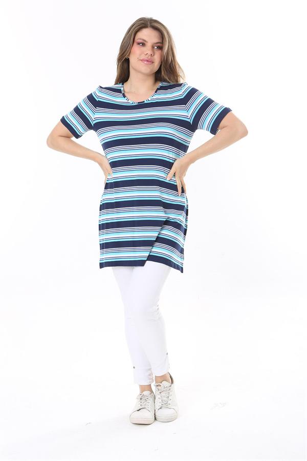 Kadın Büyük Beden Mavi Bisiklet Yakalı Kısa Kollu Çizgili Tunik 65N37850