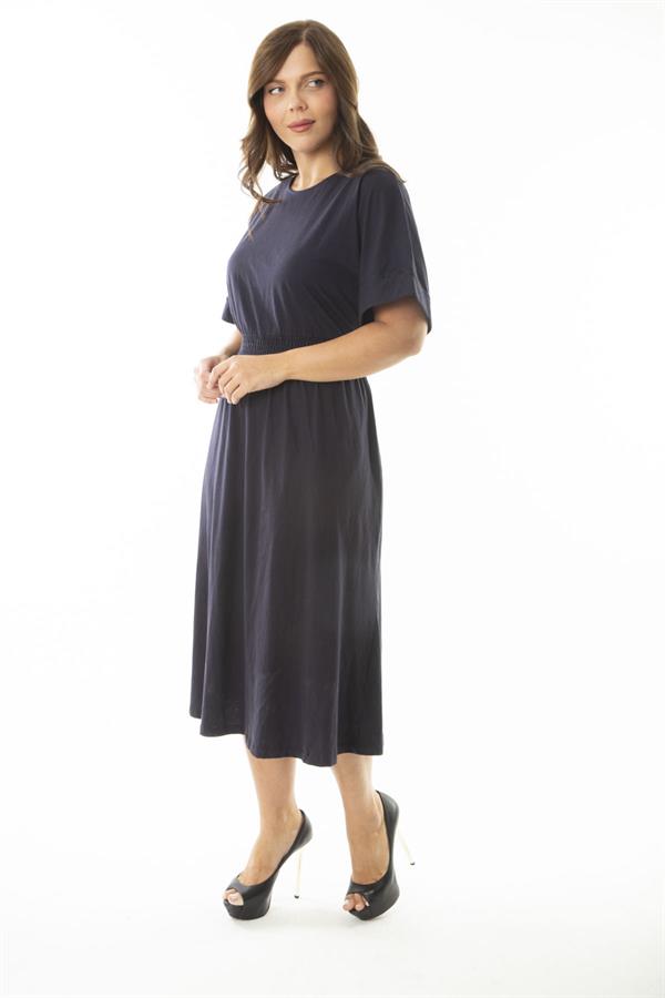 Kadın Büyük Beden Lacivert Beli Gipe Lastik Detaylı Yarasa Kol Elbise 65N36900