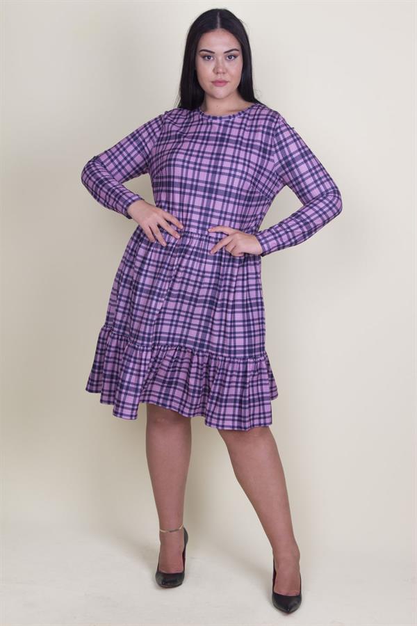 Kadın Lila Ekose Desenli Bel Kısmı Lastikli Etek Ucu Volanlı Elbise 65N18211