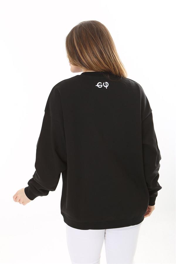 Kadın Büyük Beden Siyah Pamuk Kumaş Nakış Yazılı Sweatshirt 65N37616