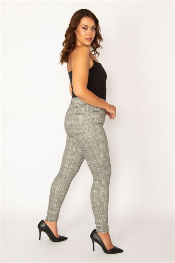 Kadın Gri Ekose Desenli 5 Cepli Pantolon