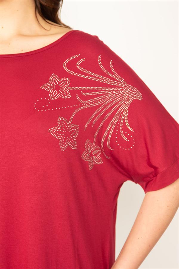 Kadın Bordo Büyük Beden Taş Detaylı Tunik