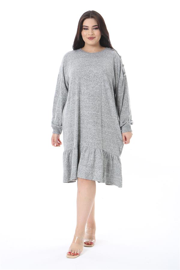 Kadın Büyük Beden Gri Yün Viskon Kumaş Omuzu Süs Düğmeli Elbise 65N38597