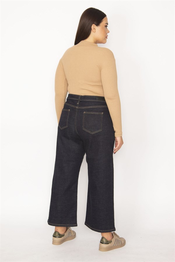 Kadın Lacivert Geniş Paçalı Yüksek Bel 5 Cepli Likralı Kot Pantolon 65N29279