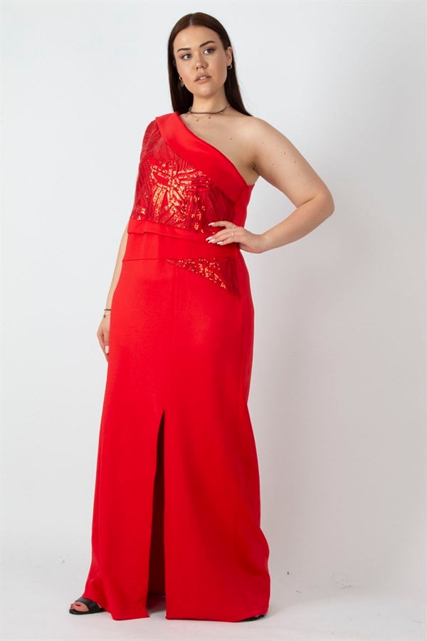 Kadın Kırmızı Tek Omuzlu Payet Detaylı Uzun Abiye Elbise 65N28080