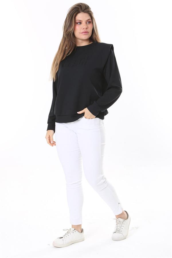 Women's Plus Size Black Shoulder Detailed Front Printed Sweatshirt 65N38050