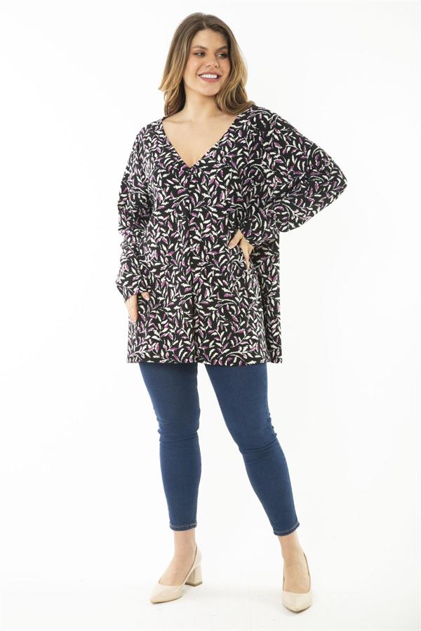 Kadın Büyük Beden Mor Yaka Pileli Kapri Kollu Bluz 65N37148