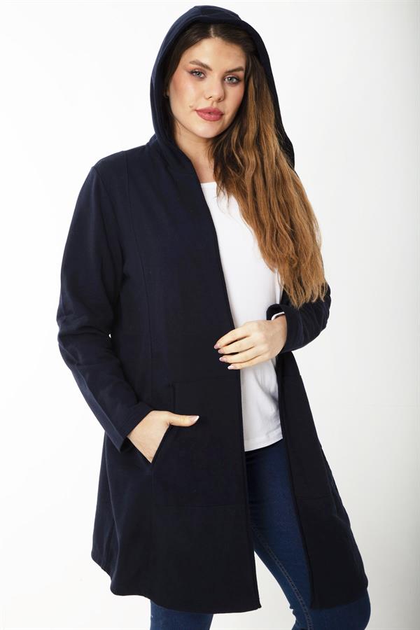 Kadın Büyük Beden Gri Kup Ve Vep Detaylı Kapşonlu Hırka 65N37183