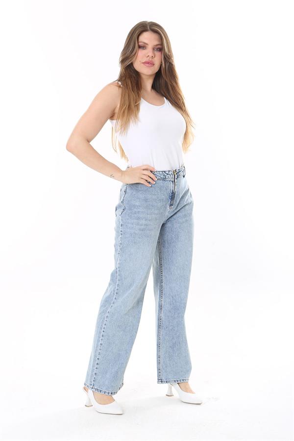 Kadın Büyük Beden Mavi Ön Fermuarlı Arka Cepli Yıkama Efektli Kot Pantolon 65N37831