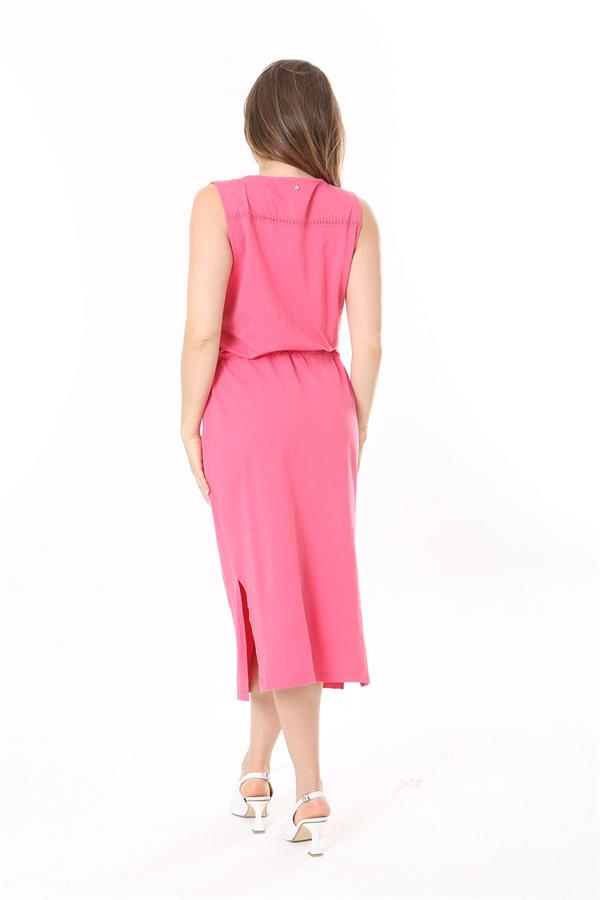 Kadın Büyük Beden Pembe Arka Robası Kopenaki Dantelli Kuşgözü Bağcıklı Elbise 65N37778