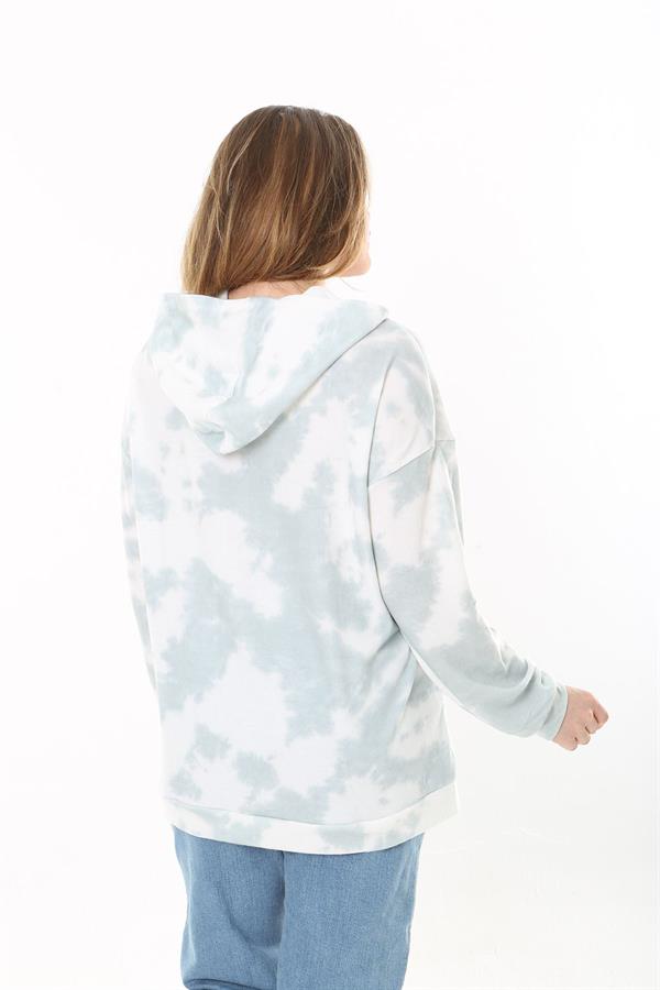 Women's Plus Size Green Batik Patterned Hooded Sweatshirt 65N37521