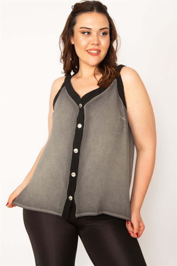 Kadın Füme Kirli Yıkama Çıtçıt Metal Düğmeli Biye Detaylı Bluz 65N33347