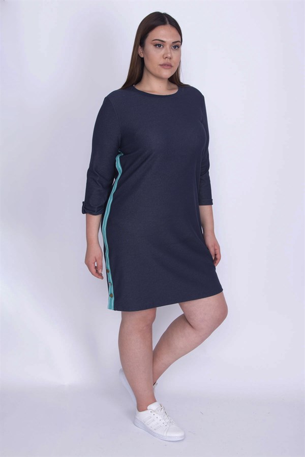 Kadın Lacivert Tensel Kot Yanları Metal Düğme Yırtmaçlı Yan Şeritli Elbise 65N25966