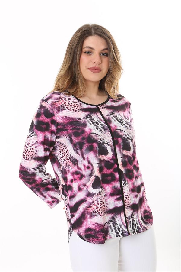 Kadın Büyük Beden Renkli Bisiklet Yakalı Uzun Kollu Bluz 65N37615