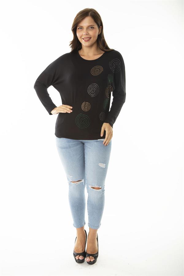 Kadın Büyük Beden Siyah Taş Detaylı Yarasa Kol Bluz 65N36864