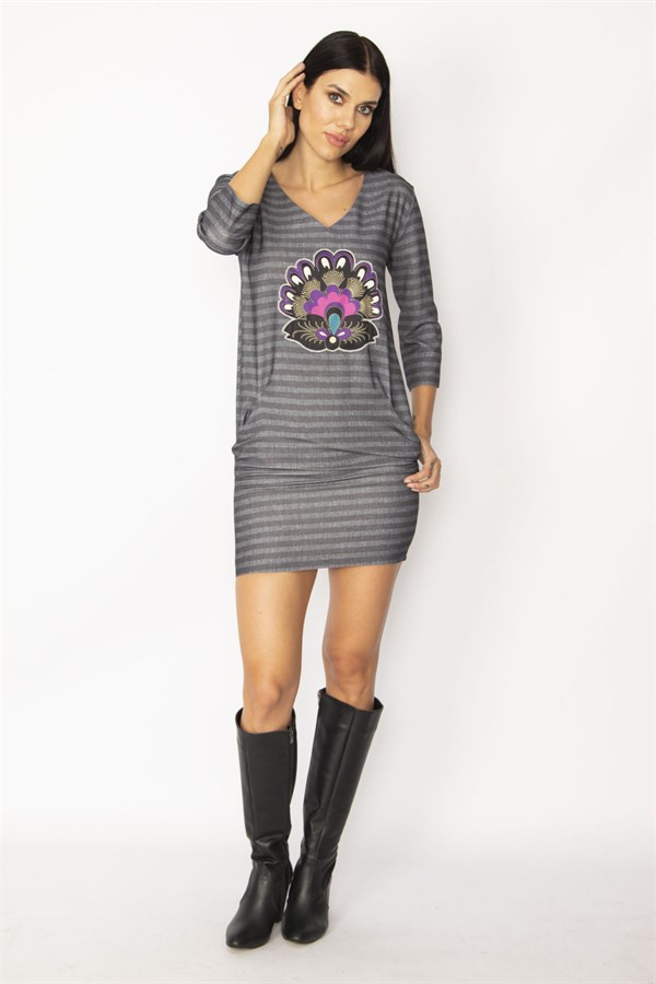 ROBE FEMME GRISE À POCHES ET MANCHES FAKIR À COL EN V