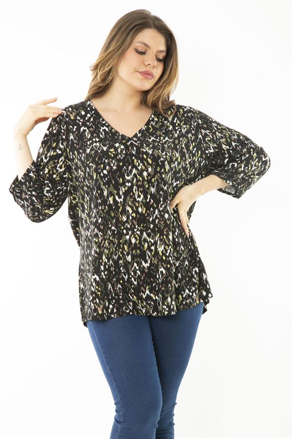 Kadın Büyük Beden Kahve Yaka Pileli Kapri Kollu Bluz 65N37147