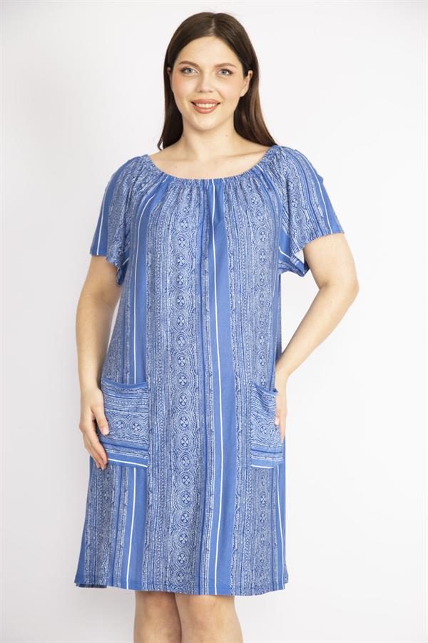 Kadın Mavi Büyük Beden Yakası Lastik Detaylı Ön Cepli Elbise