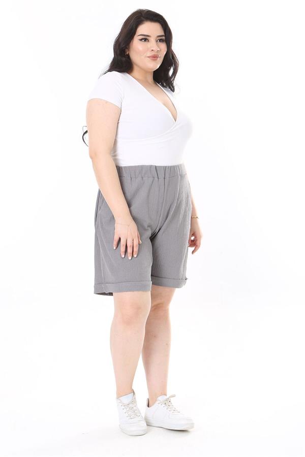 Kadın Büyük Beden Gri Bürümcük Kumaş Beli Lastikli Yan Cepli Şort 65N37979