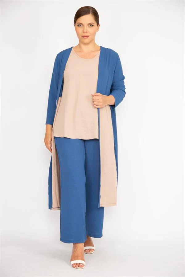 Kadın Büyük Beden İndigo Hırka İç Bluz Ve Pantolon Üçlü Takım