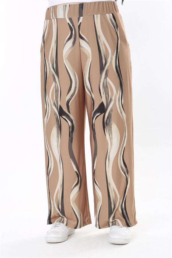 Kadın Büyük Beden Haki Beli Lastikli Yan Cepli Likralı Desenli Pantolon 65N38055
