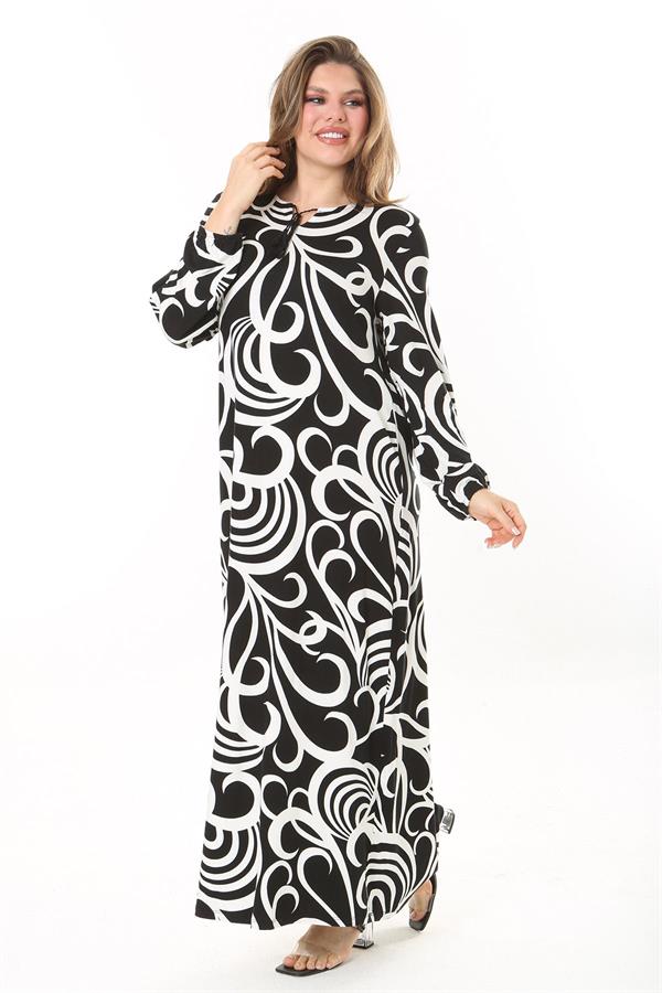 Kadın Büyük Beden Kahve Yaka Bağcıklı Uzun Kollu Maksi Boy Elbise 65N37866