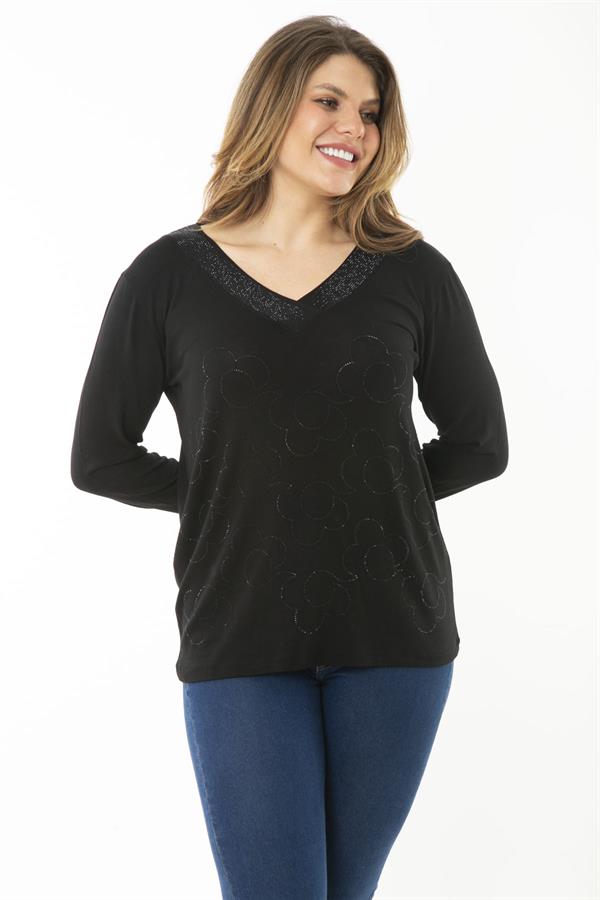 Kadın Büyük Beden Saks V Yakalı Taş Detaylı Uzun Kollu Bluz 65N37153