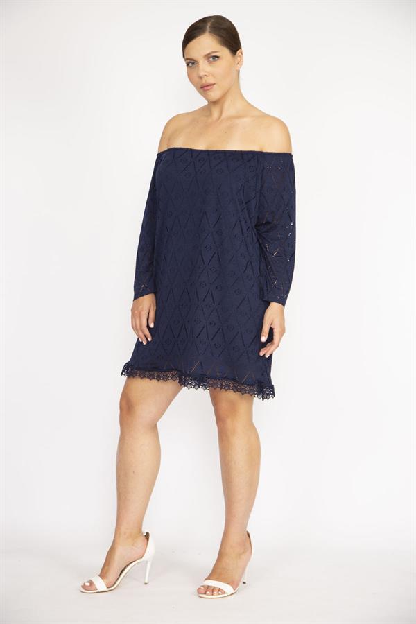 Kadın Büyük Beden Lacivert Delikiş Kumaş Yakası Lastikli Astarlı Tunik