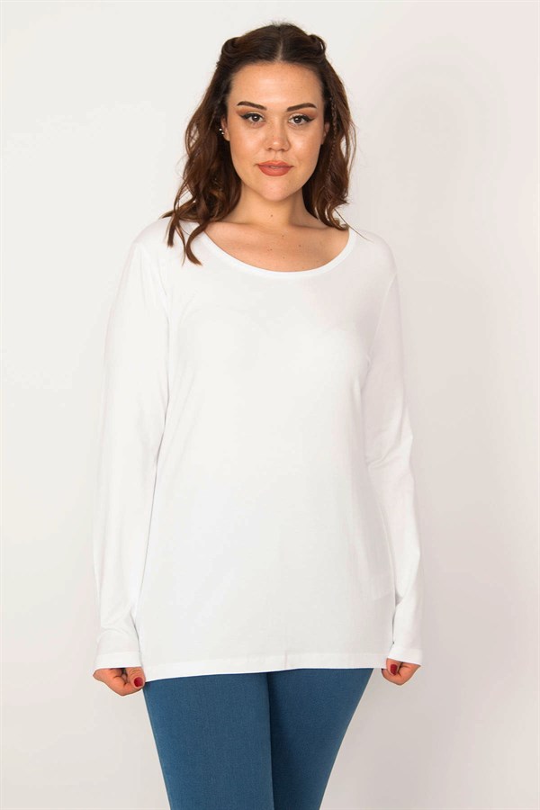 Kadın Beyaz Pamuklu Kumaş Bisiklet Yaka Uzun Kollu Bluz 65N33424