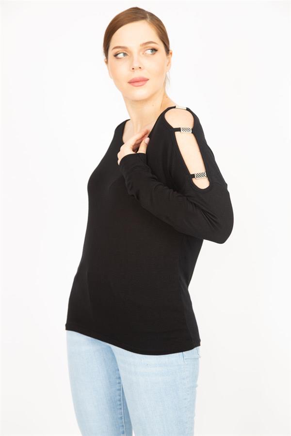 Kadın Siyah Büyük Beden Omuz Dekolteli Bluz