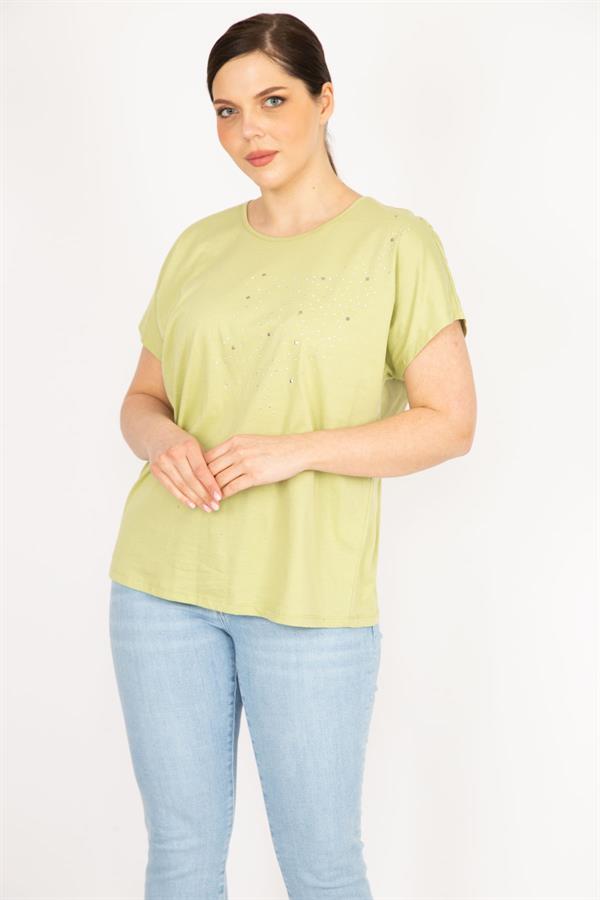 Kadın Yeşil Büyük Beden Pamuklu Kumaş Taş Detaylı Bluz