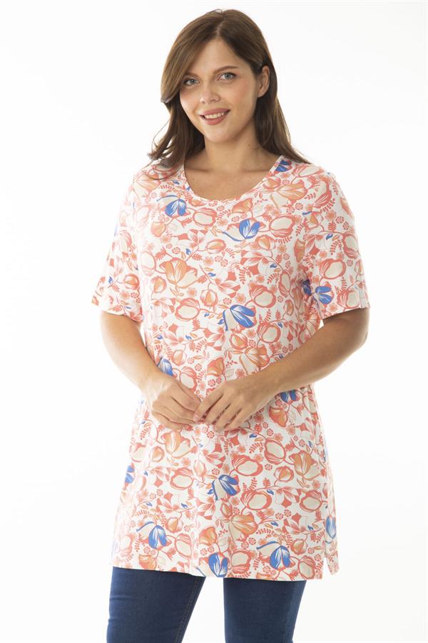 Kadın Büyük Beden Renkli Bisiklet Yakalı Desenli Uzun Bluz 65N36924