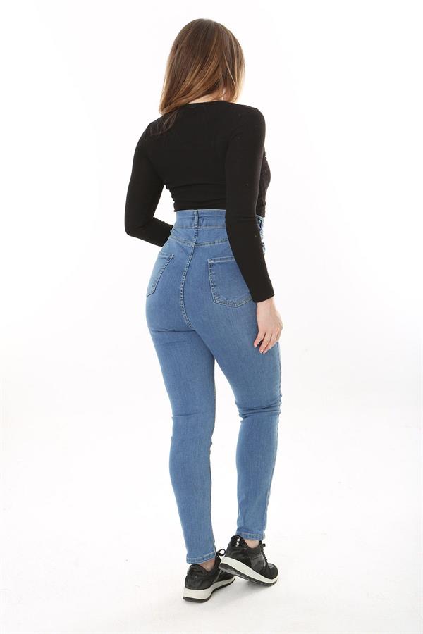 Kadın Büyük Beden Mavi Yüksek Bel Dar Paçalı Likralı 5 Cep Kot Pantolon 65N37642