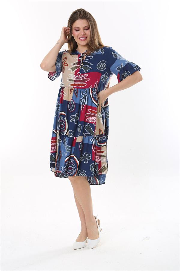 Kadın Büyük Beden Mavi Dokuma Viskon Kumaş Kısa Kollu Katlı Elbise 65N37762