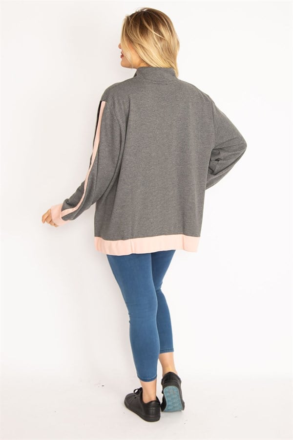 Kadın Gri Ön Fermuarlı Kanguru Cepli Sweatshirt Mont 65N35046