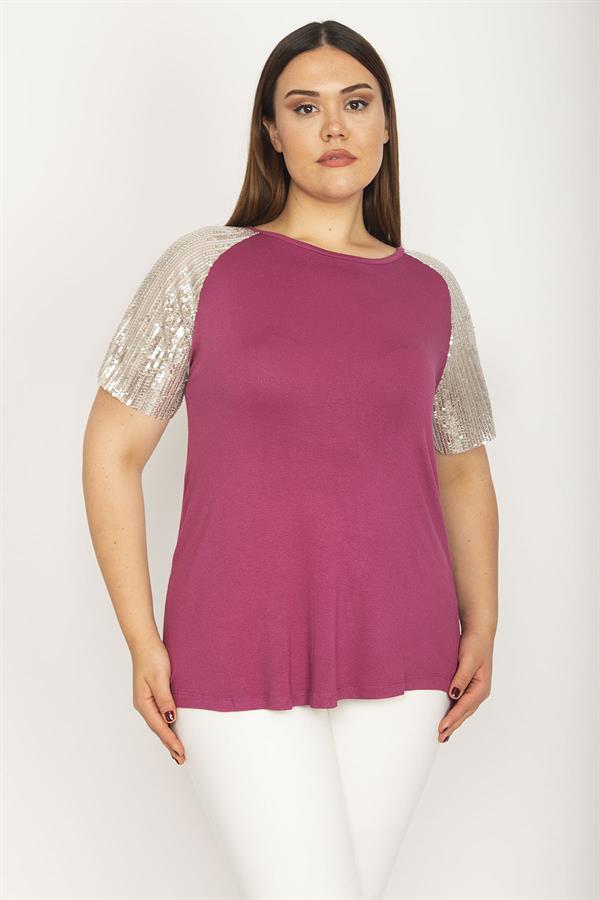 Kadın Büyük Beden Mor Kolları Payet Detaylı Bisiklet Yakalı Bluz 65N36882