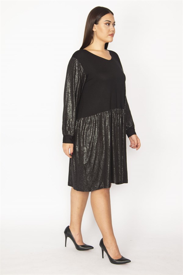 Kadın Siyah Etek Kısmı Ve Kolları Lak Detaylı Viskon Elbise 65N29932