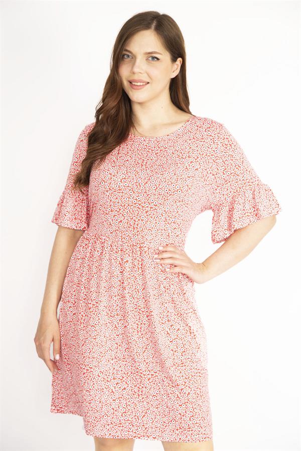 Kadın Renkli Büyük Beden Bisiklet Yaka Volan Kollu Elbise