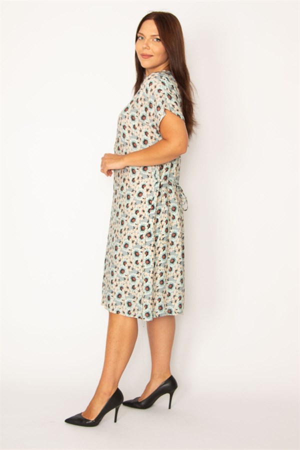 Kadın Gri Ön Yarım Pat Düğmeli Beli Kuşaklı Dokuma Viskon Kumaş Elbise 65N34325